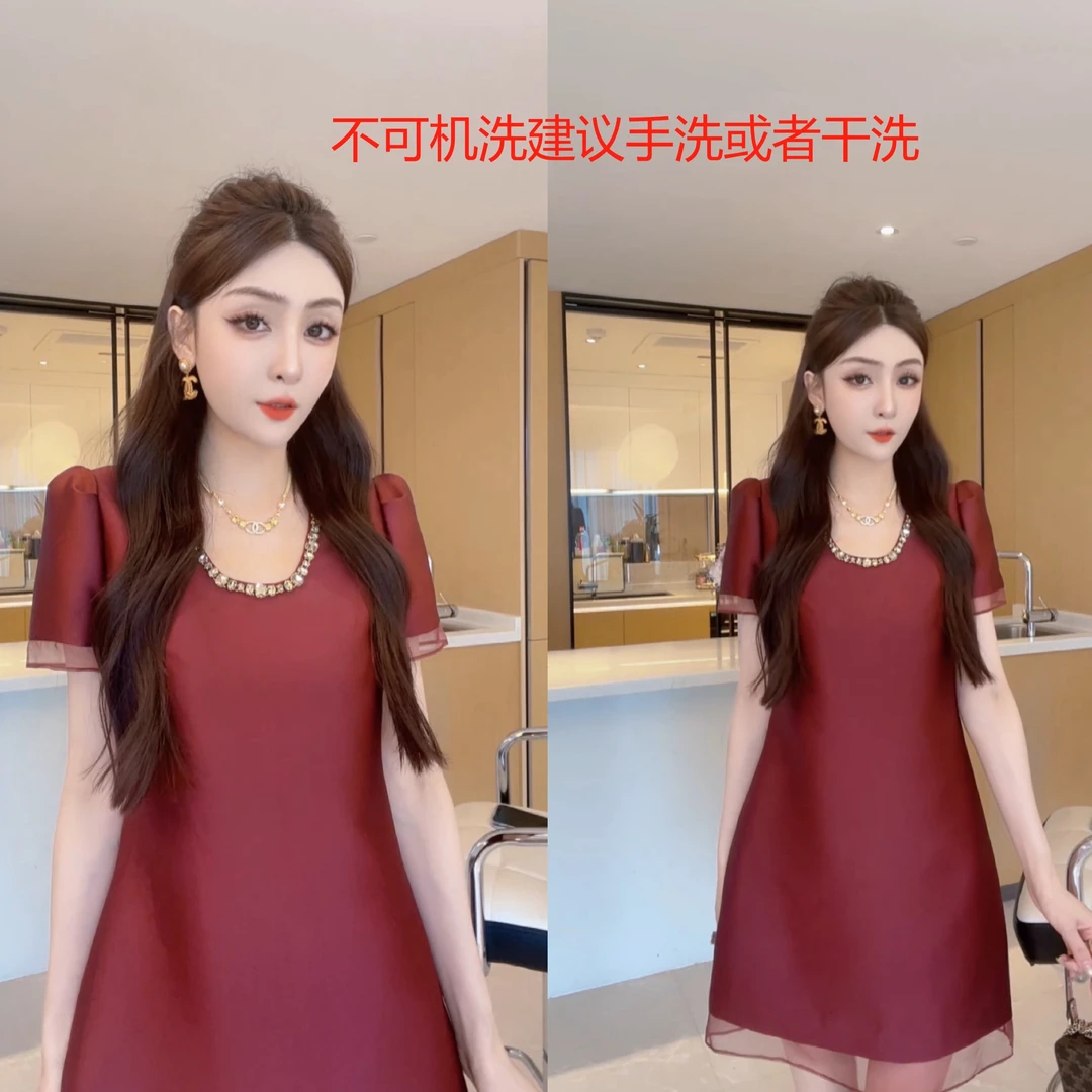 M9A86119  2025桑蚕丝短袖时尚高腰显瘦减龄气质中长款连衣裙