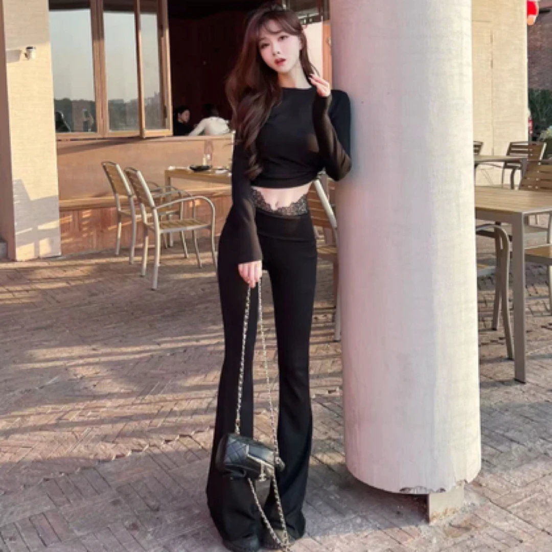 【芭蕾美学】简约纯欲短版上衣➕蕾丝拼接高腰修身显瘦垂感微喇裤