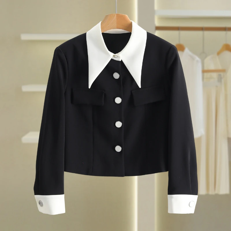 伍莎服饰云仓【衣香】拼接衬衫领修身单排扣短外套新款