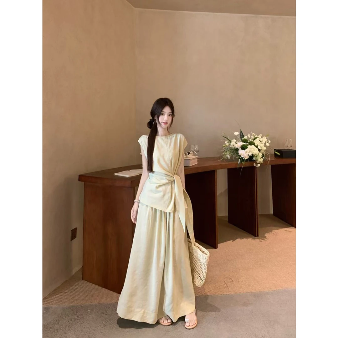 韩系新款气质套装纯色绑带短袖T恤女2025夏高腰绝美半身裙两件套