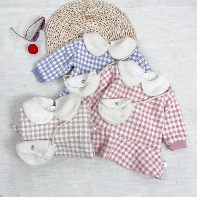 米乐熊女童仿马海毛格子连衣裙0379