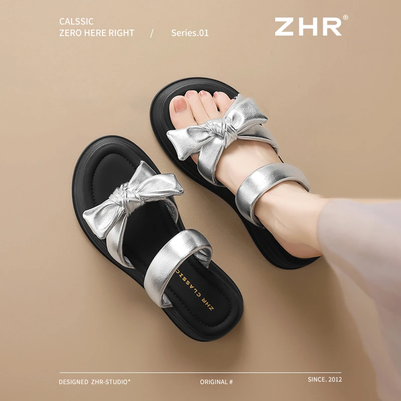 ZHR则则蝴蝶结厚底拖鞋女款2025夏新款外穿凉鞋厚底增高松糕凉拖