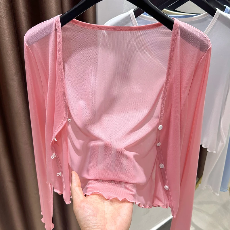 粉色木耳边蕾丝长袖开衫女秋吊带裙外搭防晒遮阳披肩冰丝薄纱罩衫