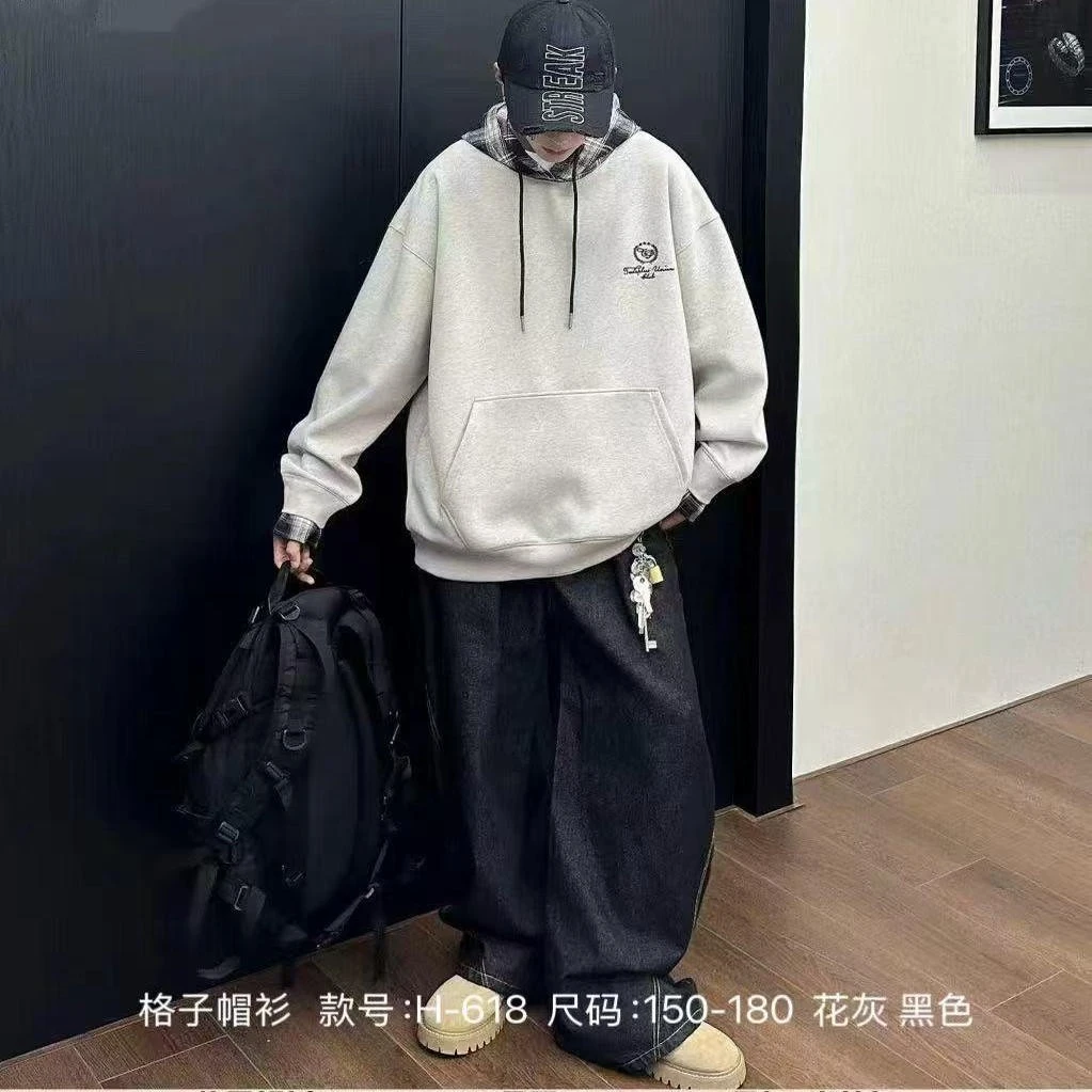 男大童秋款格子拼字母印花连帽卫衣 H-618（150-180）