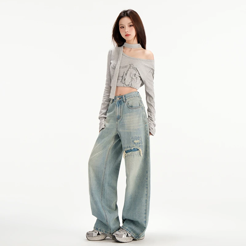 Busrr复古破洞阔腿牛仔裤女春秋2025年新款宽松显瘦直筒垂感长裤