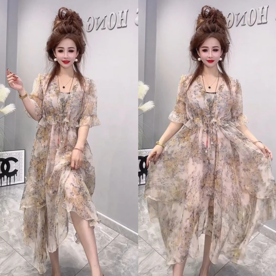 2025新款显瘦宽松长裙连衣裙裙子印花夏季时尚气质喇叭收腰花裙