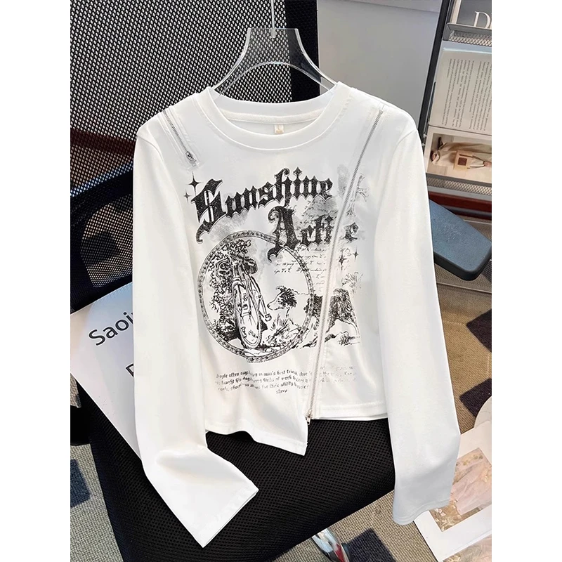 拉夏贝尔印花长袖女韩系慵懒松弛感T恤2025新款不规则设计感上衣