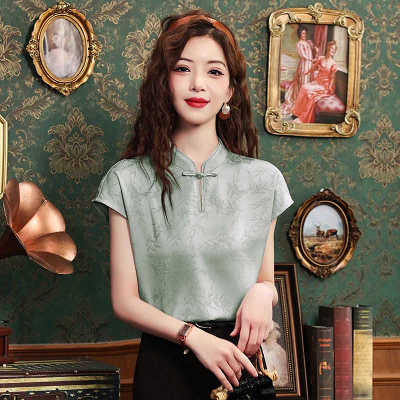 提花新中式国风白色短袖衬衫女设计感小个子立领盘扣缎面短款上衣