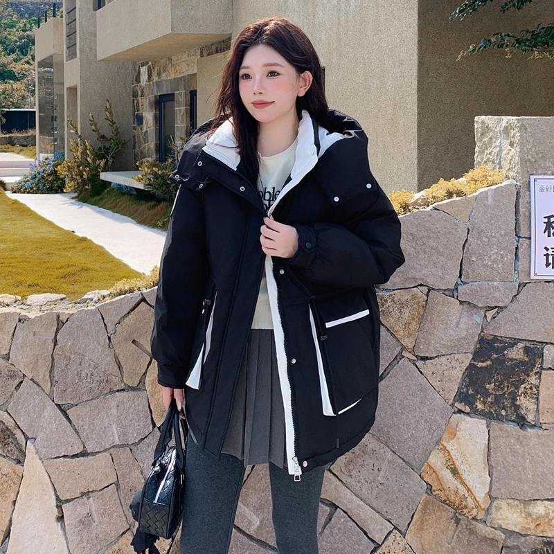 加肥加大200斤胖mm白鸭绒羽绒服女工装风连帽连帽韩版宽松秋冬