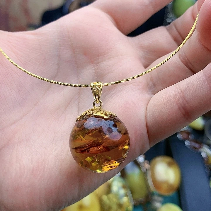 琥珀裸石银S925镶嵌坠