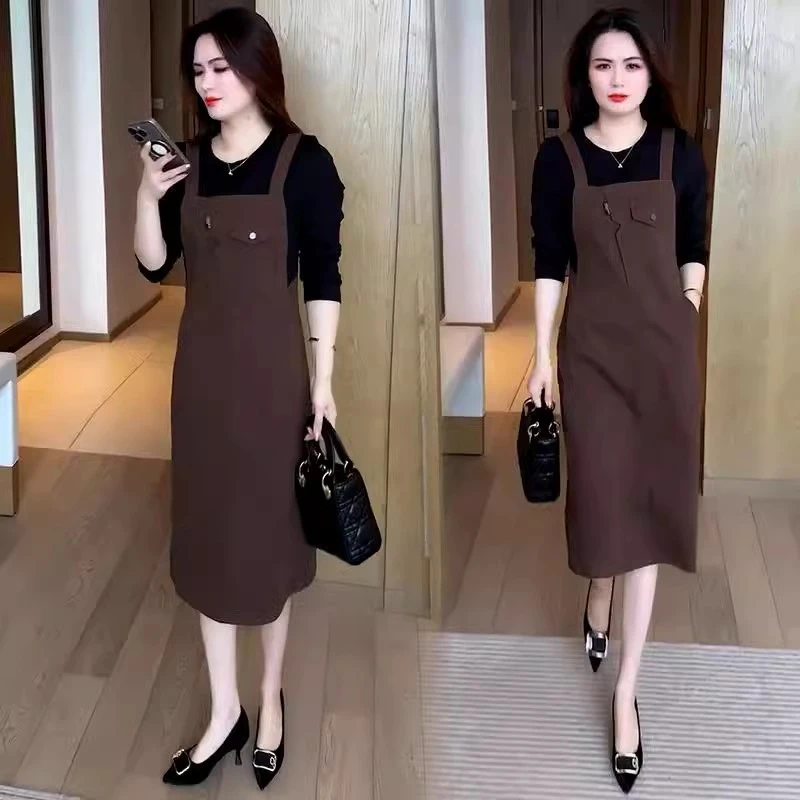 时尚牛仔背带裙女2025春季新款洋气质显瘦假两件中长款开叉连衣裙