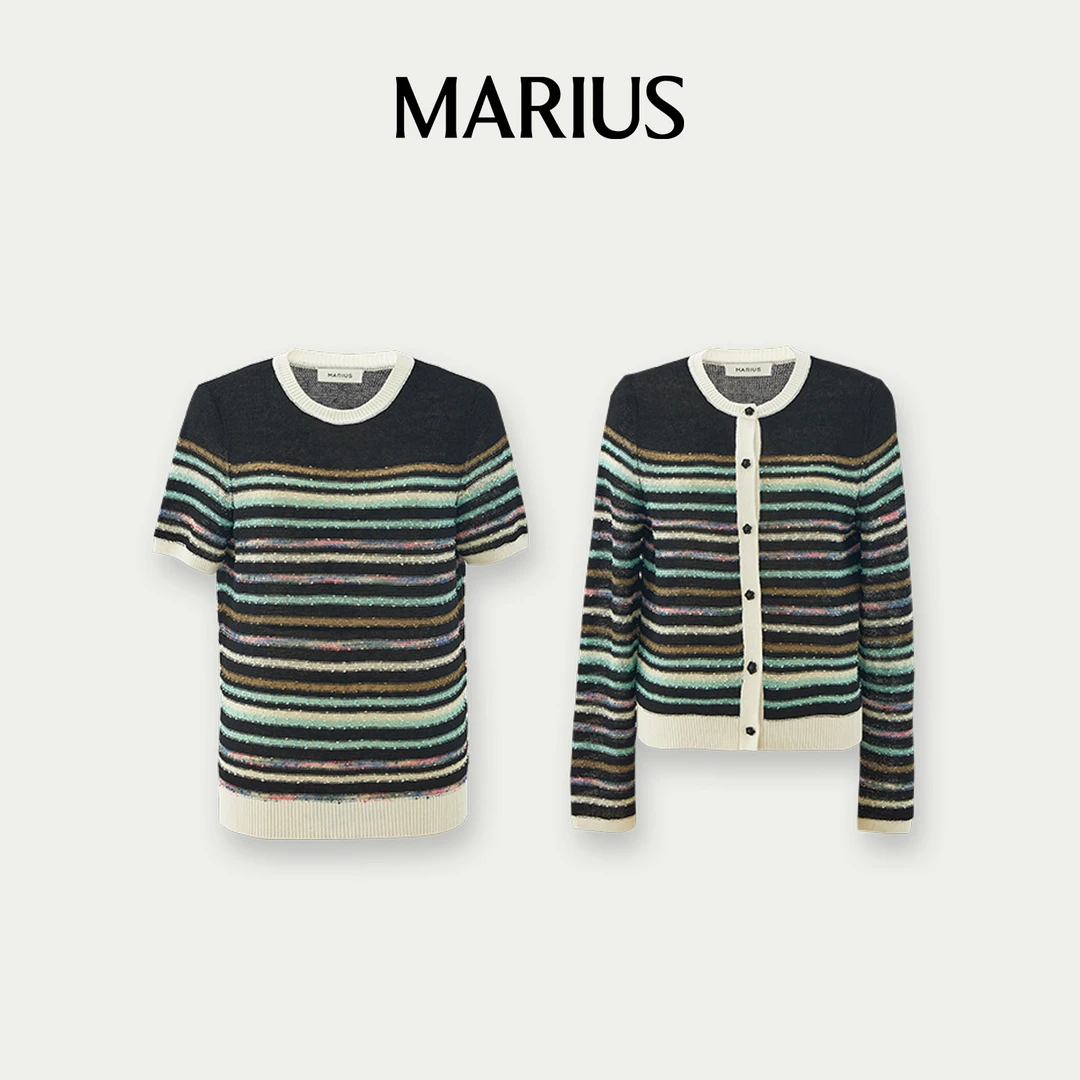 MARIUS“彩虹条”气质条纹小香风时尚复古圆领拼色开衫套衫