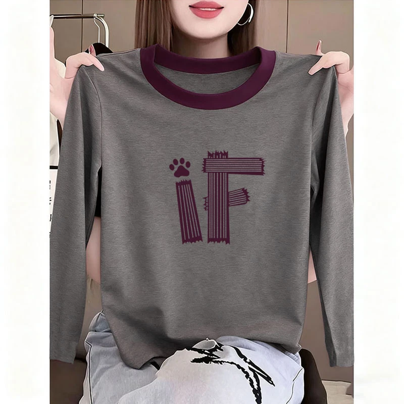 韩版领口撞色圆领长袖T恤女装设计感小众时尚洋气百搭减龄打底衫