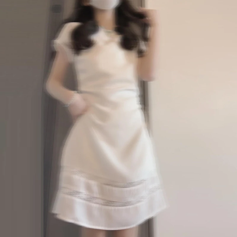 法式气质蕾丝拼接白色连衣裙子女夏季小个子a字收腰短裙清仓2786