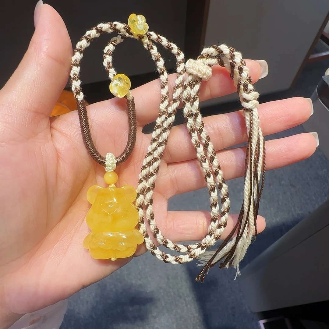 琥珀未镶嵌珠宝奇石小熊毛衣链