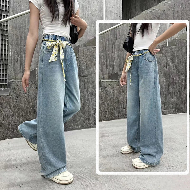 女孩夏季天丝牛仔裤2025青少年时尚百搭宽松直筒裤轻薄透气阔腿裤