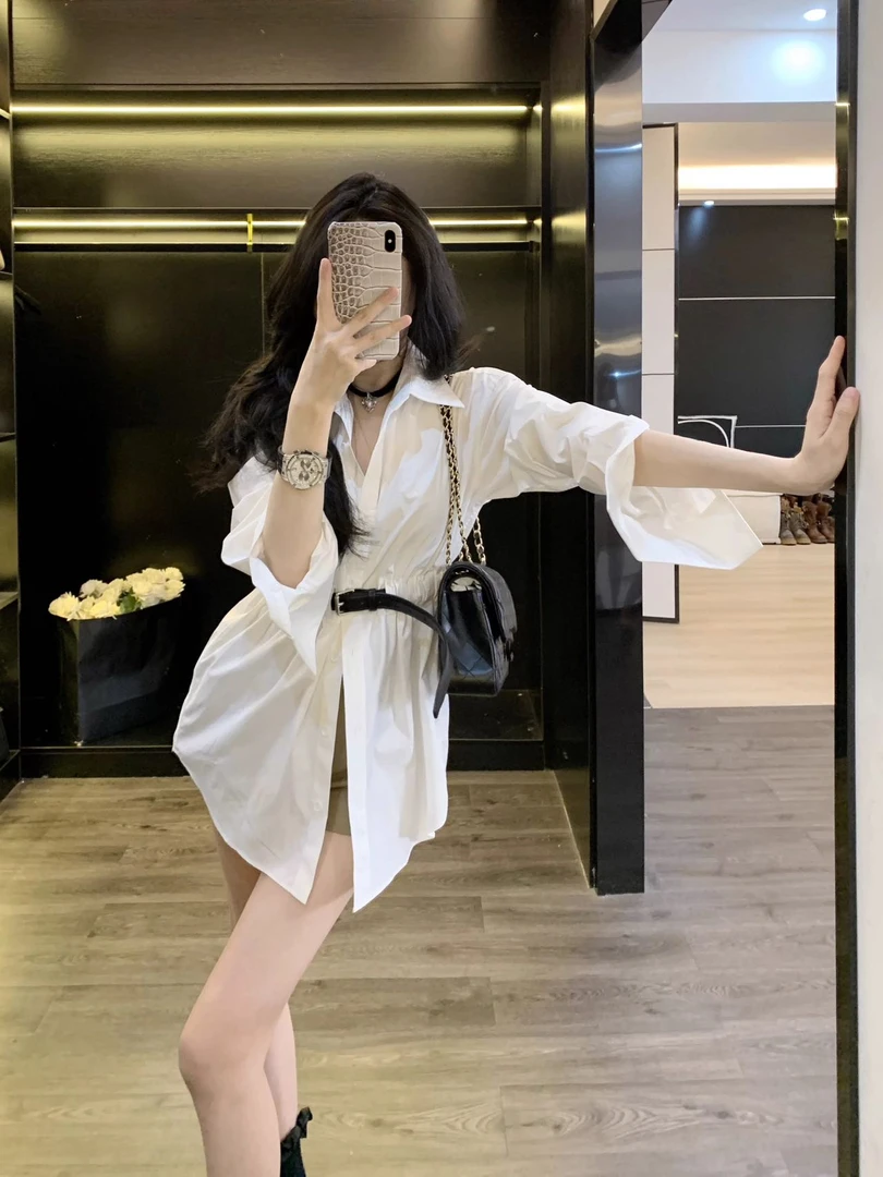 法式白色不规则翻领衬衫连衣裙配腰带辣妹设计感长袖衬衣长袖女