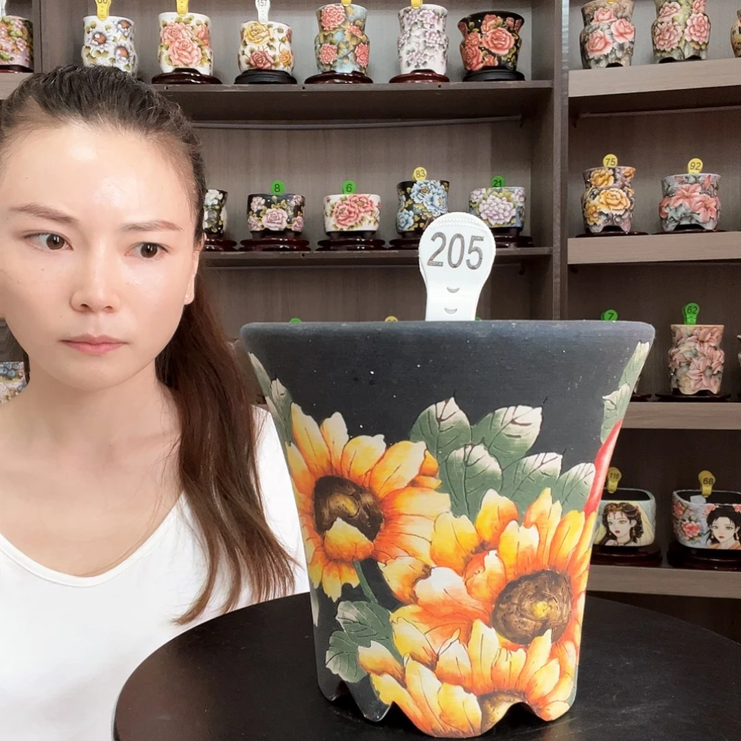 手绘陶瓷花盆口13高13.6