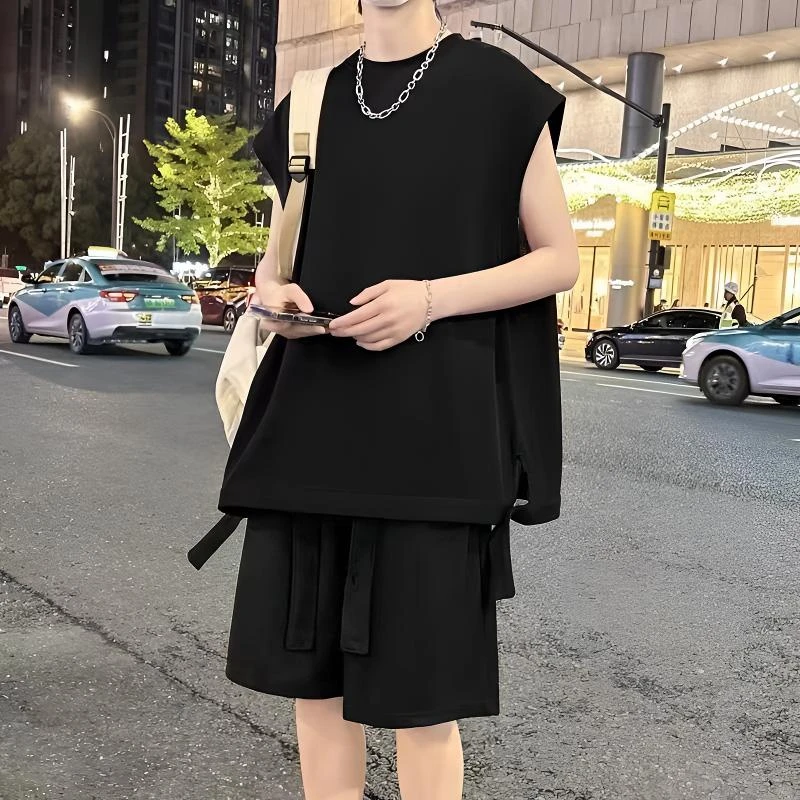 无袖运动套装男时尚夏季宽松潮流ins韩版大码美式情侣坎肩背心T恤