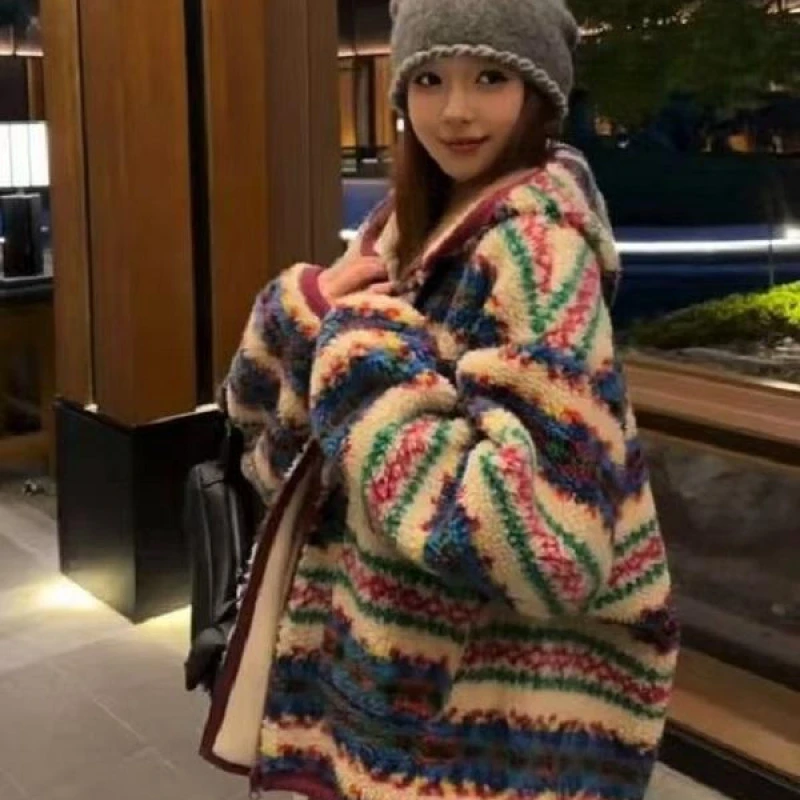 彩色费尔岛提花连帽仿羊羔毛外套女冬季加厚摇粒绒慵懒风保暖上衣