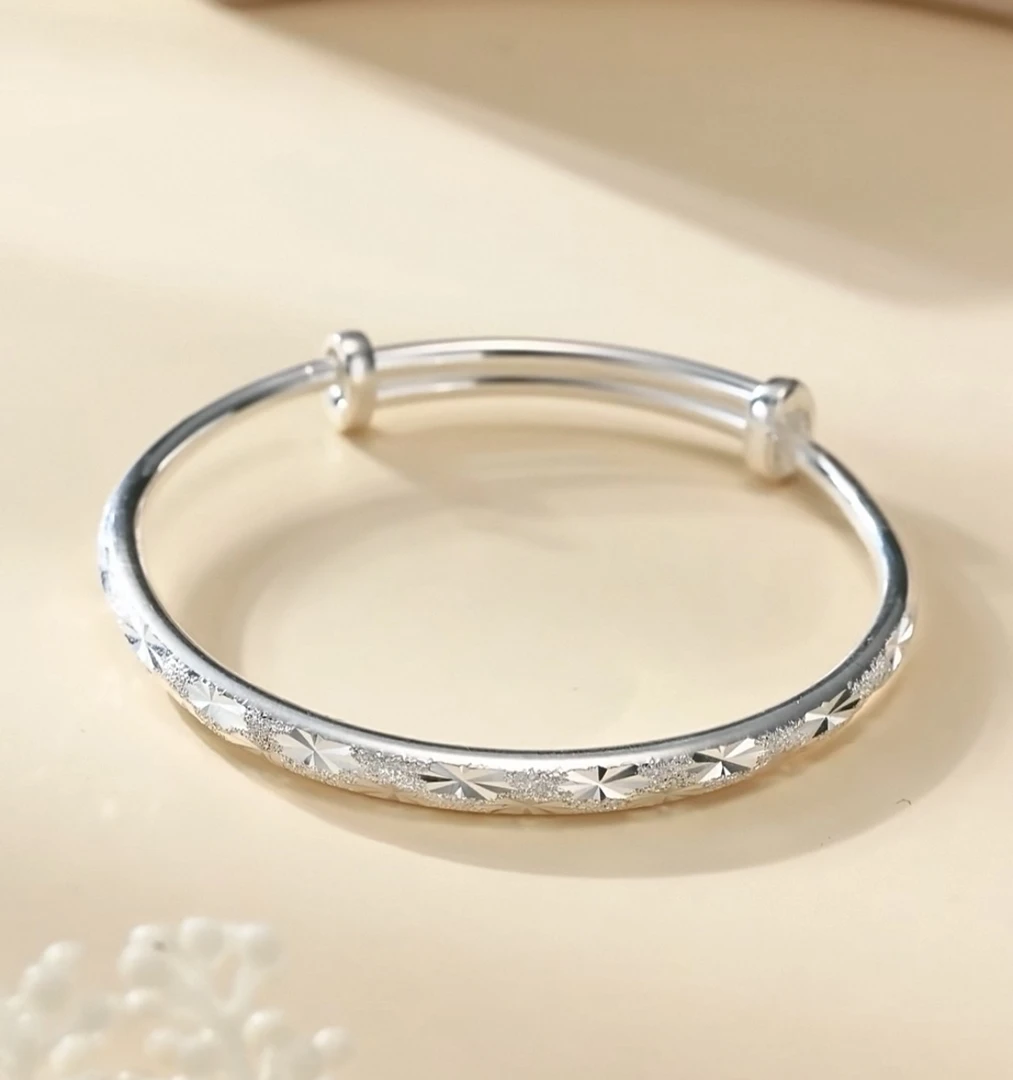 足银手镯 72号链接 足银满天星手镯女推拉活口实心银镯子送妈妈