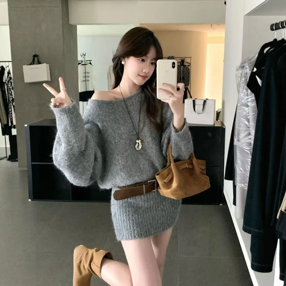 送腰带新款法式露肩慵懒风针织衫中长款毛衣超好看显瘦收腰包臀裙