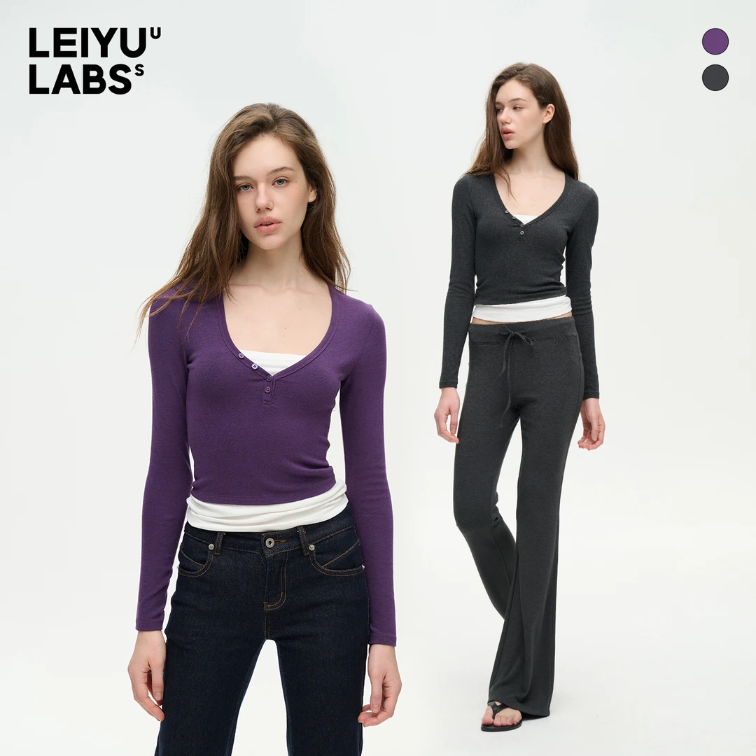 LEIYU LABS撞色假两件V领长袖打底衫女冬2025年新款紧身长袖上衣
