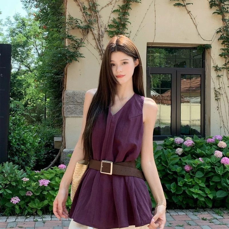 度假风爆款法式V领背心气质收腰显瘦上衣无袖气质收腰挂脖带腰带