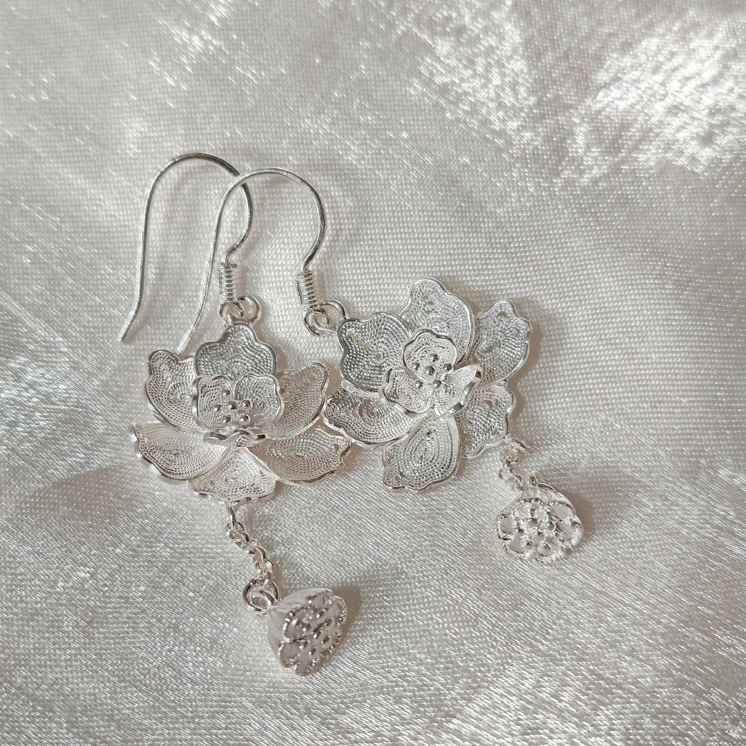 足银耳饰 足银耳钉 阿富手工莲花莲蓬耳钉 古风精美