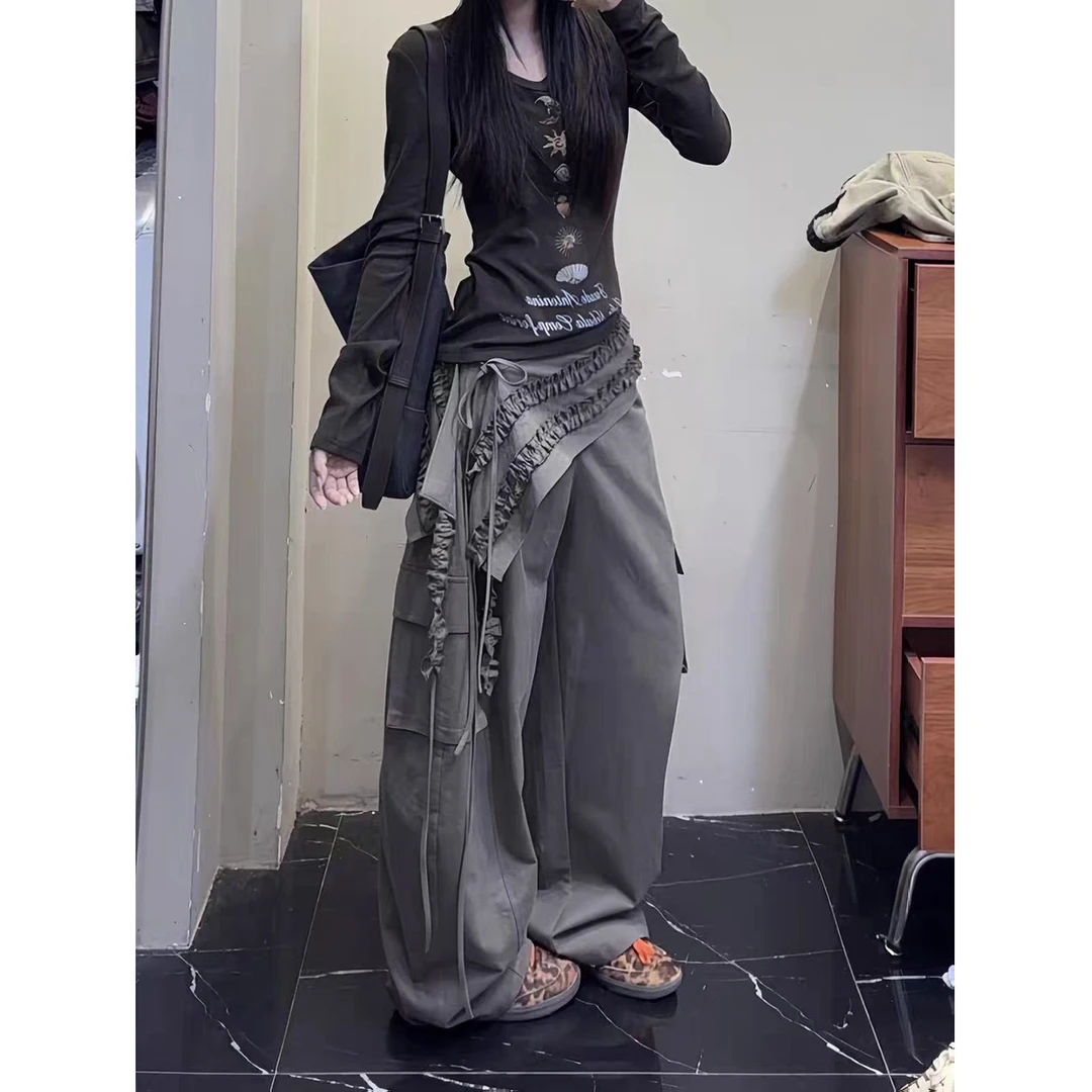 美式复古荷叶边屁帘西装裤女2025秋季流行风格设计感假两件工装裤