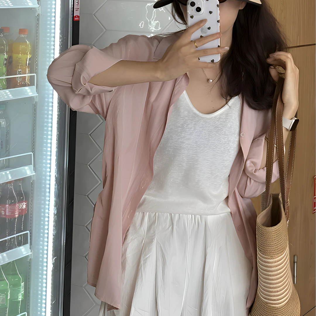 新款后背系扣衬衣防晒女薄款夏季法式高级感开衫两边系绳甜美衬衣