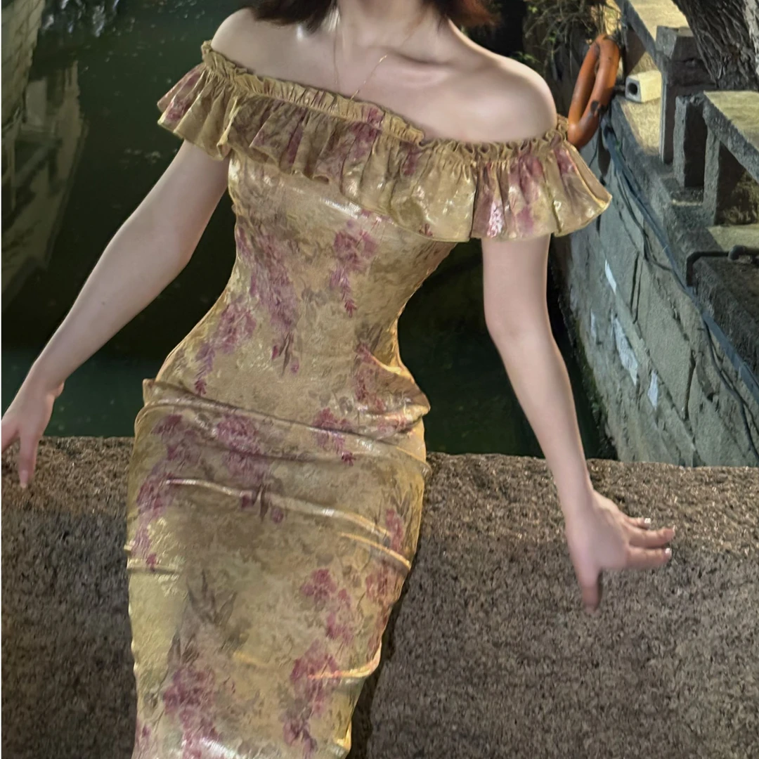 画报夫人原创自制新中式显瘦连衣裙夏季国风碎花裙 黄酒花