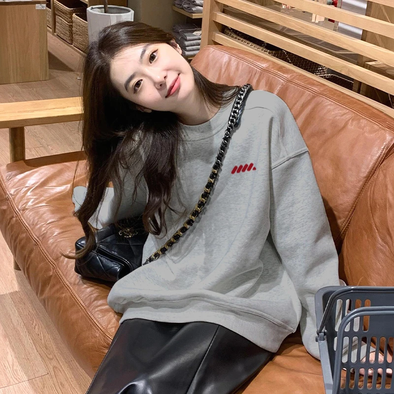 美式复古圆领卫衣女春秋薄款印花慵懒风oversize无帽套头长袖上衣