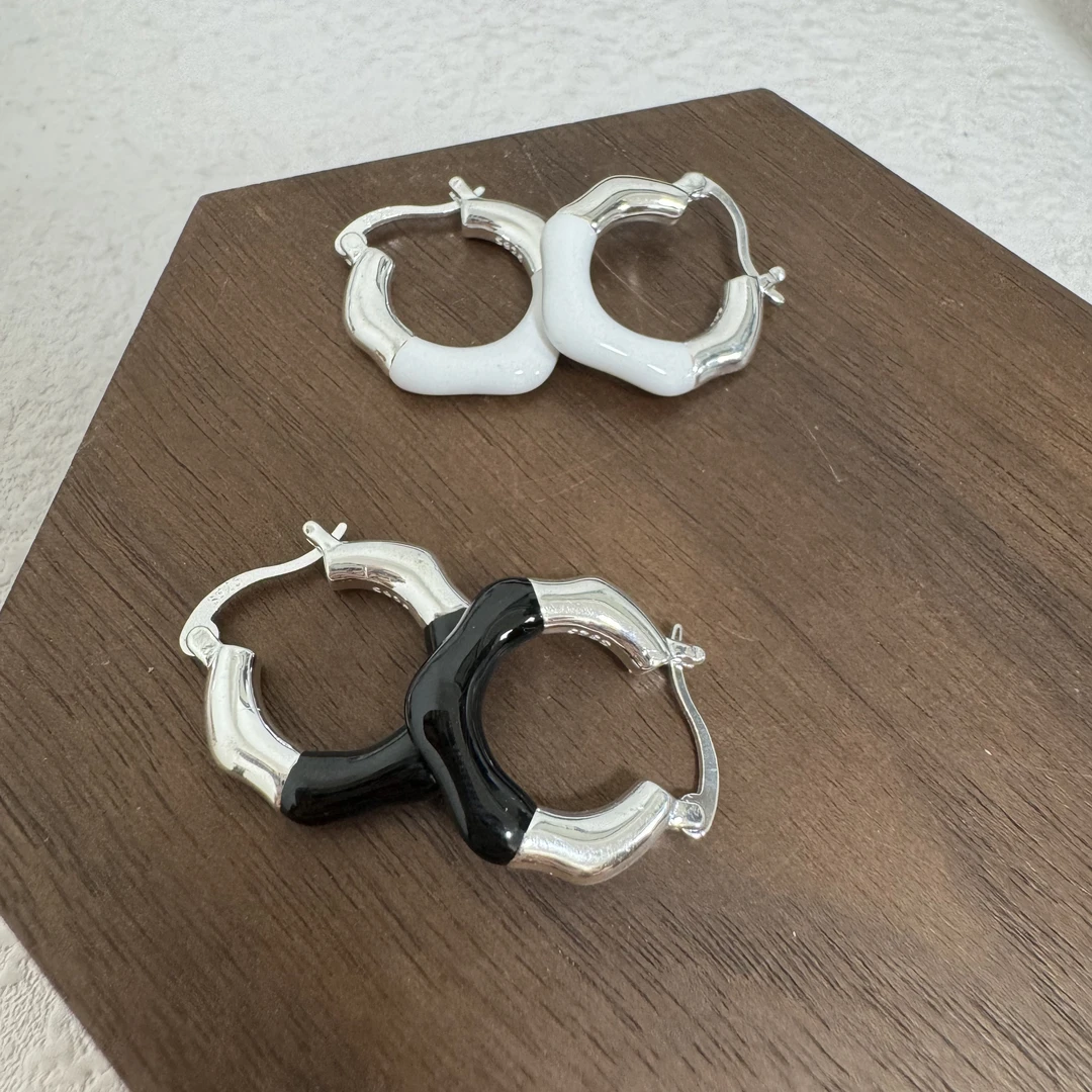 925银耳饰 滴釉竹节/耳扣不规则耳扣拼接黑白两色纯银耳环轻奢品