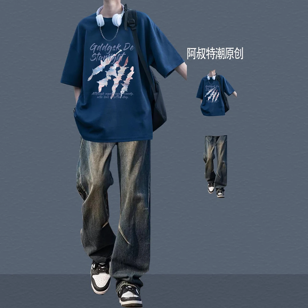 夏季潮流男生套装美式短袖T恤痞帅穿搭牛仔裤青少年日常显高一套