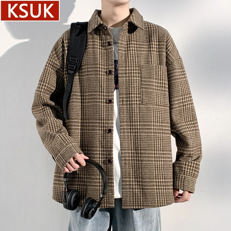 KSUK老钱风千鸟格小香风夹克男潮牌复古宽松翻领上衣男士外套