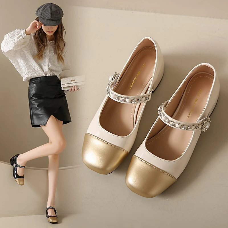 2025春季法式玛丽珍鞋拼色时尚平底高跟百搭浅口中跟圆头复古跟鞋