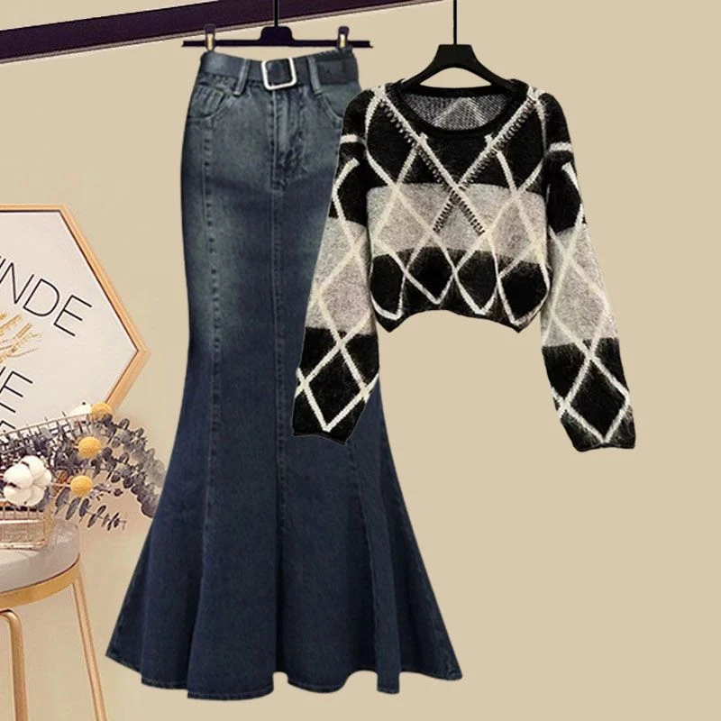 时尚女装秋季套装女2025新款显瘦高级感气质毛衣牛仔鱼尾裙两件套