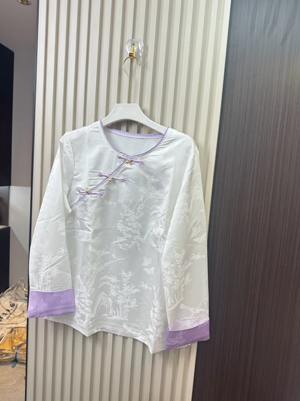 新中式提花斜襟盘扣设计国风禅意春季长袖上衣