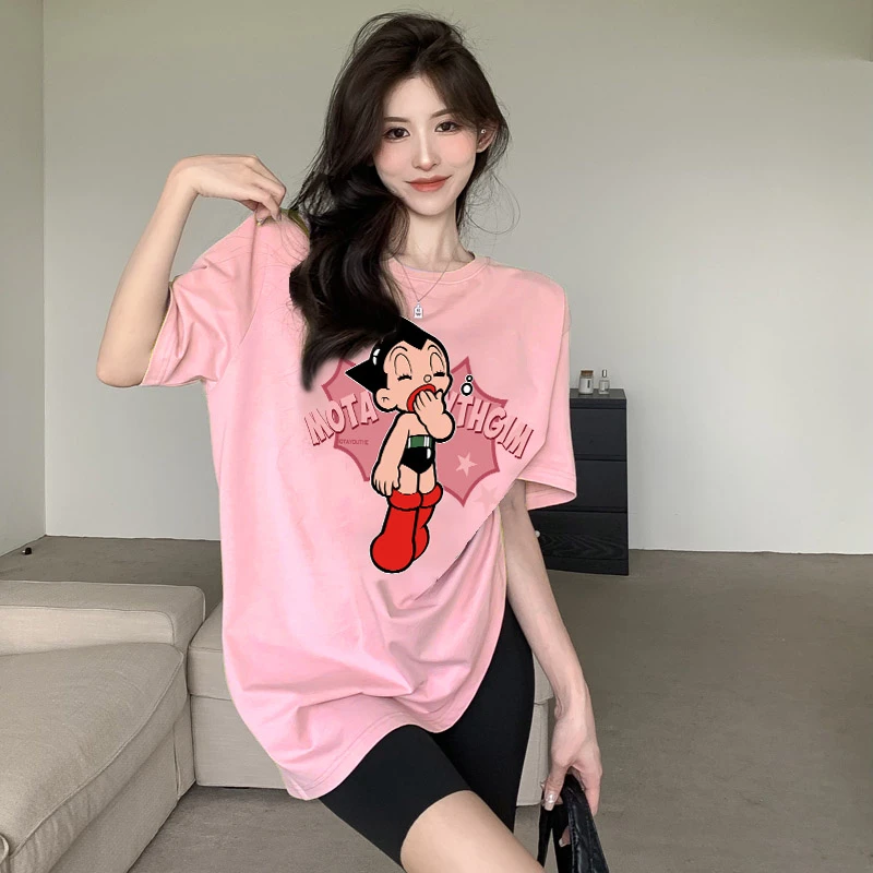 夏季ins设计感阿童木印花正肩小个子圆领百搭韩版休闲t恤纯棉短袖