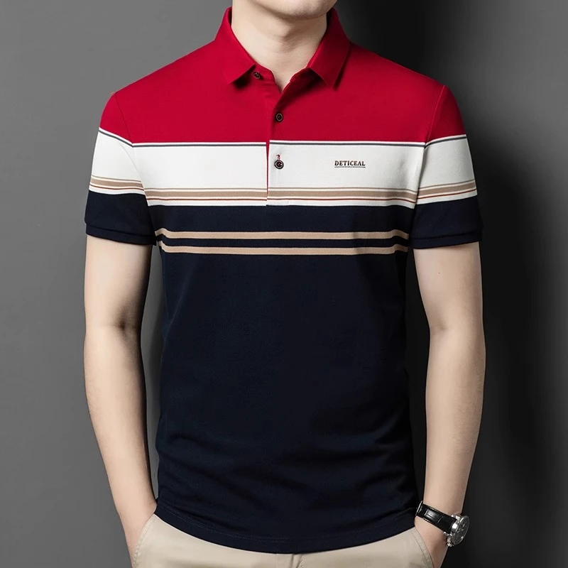 男士短袖POLO衫夏季新款翻领条纹撞色半袖T恤中年商务休闲上衣男