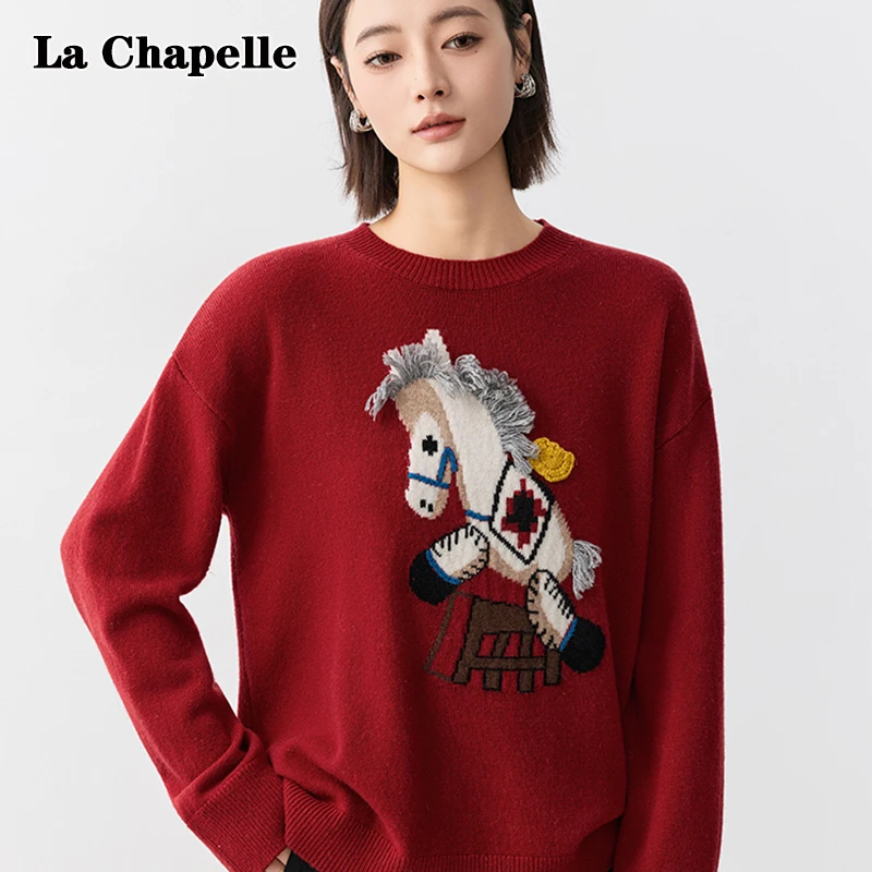 拉夏贝尔韩系刺绣小马提花毛衣女秋冬软糯慵懒休闲内搭针织衫上衣