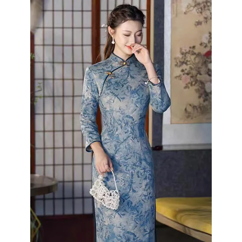 加厚秋冬装中式长款改良旗袍年新款年轻款女复古长袖日常可穿