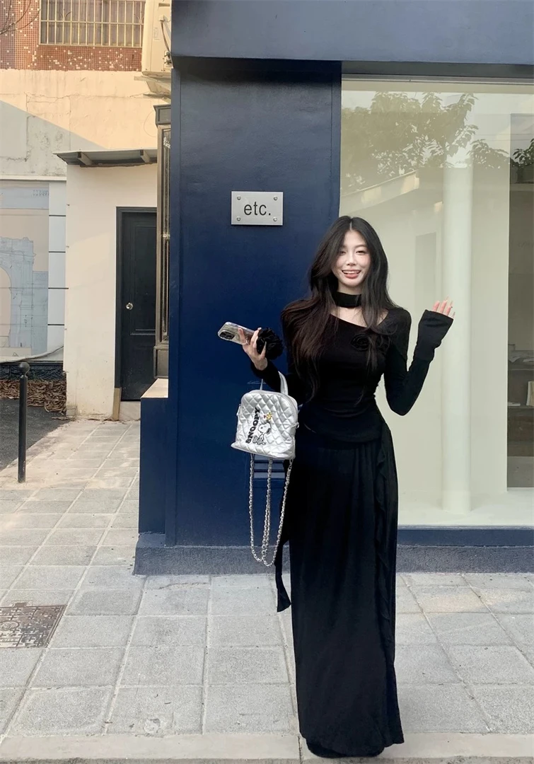 法式高级感褶皱上衣飘带设计长袖半身裙两件套夏款