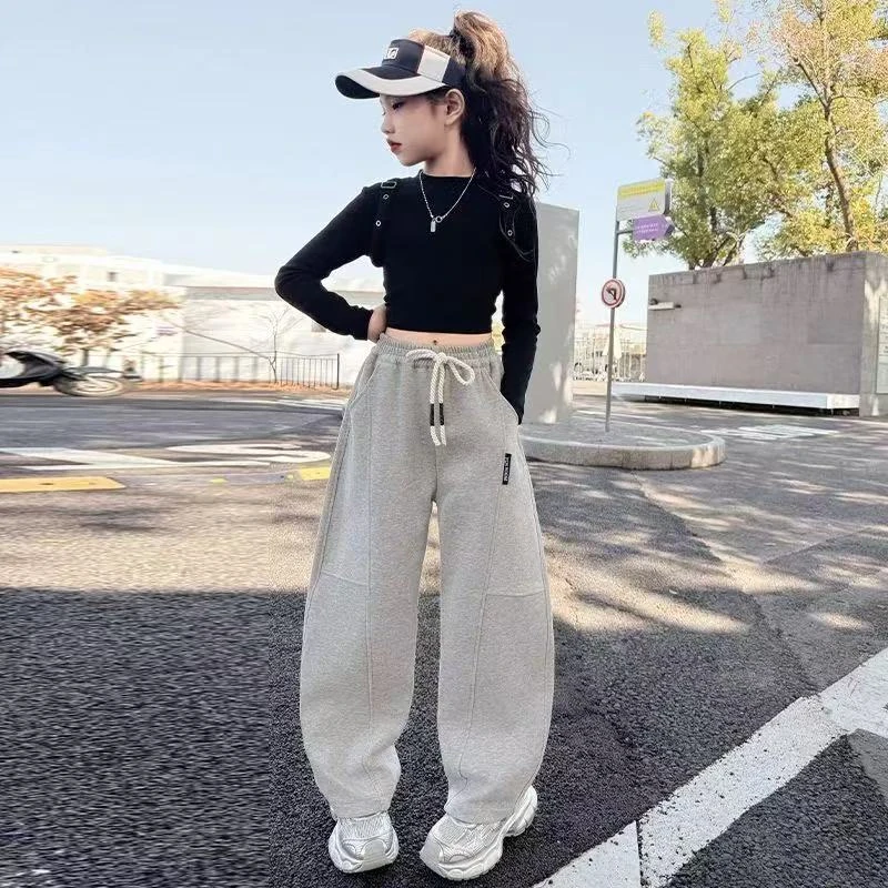 女童裤子春秋款宽松直筒运动弯刀裤中大童女孩秋装儿童阔腿裤