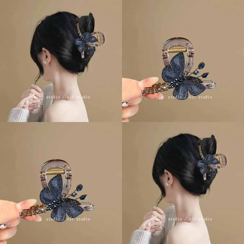 沦陷蝴蝶~气质复古风刺绣蝴蝶抓夹女中号后脑勺半扎发鲨鱼夹发饰