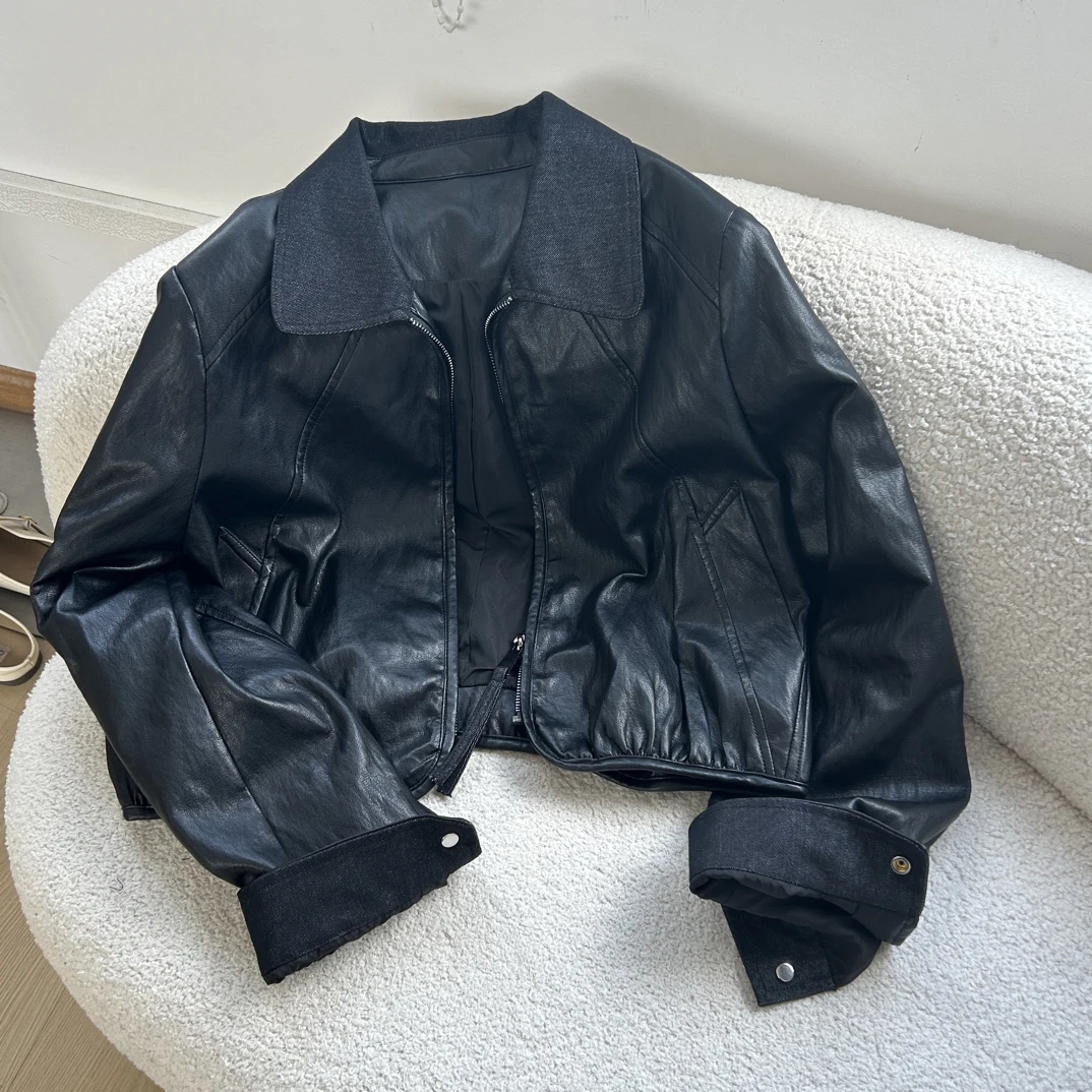 7702 短款网红ins翻领长袖机车服短外套女上衣常规秋季