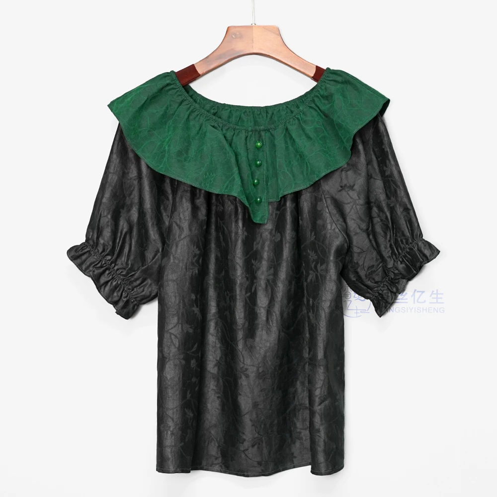 朝露！香云纱缎龟夏季新款上衣娃娃领撞色休闲短袖女士衬衫X3168