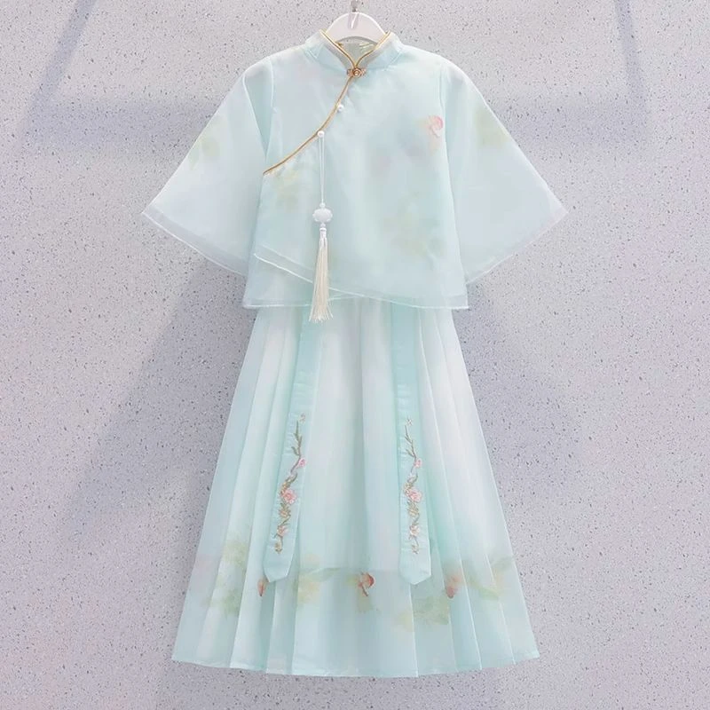 巴布豆适用女童马面裙套装夏季2025新款儿童新中式汉服连衣裙夏装