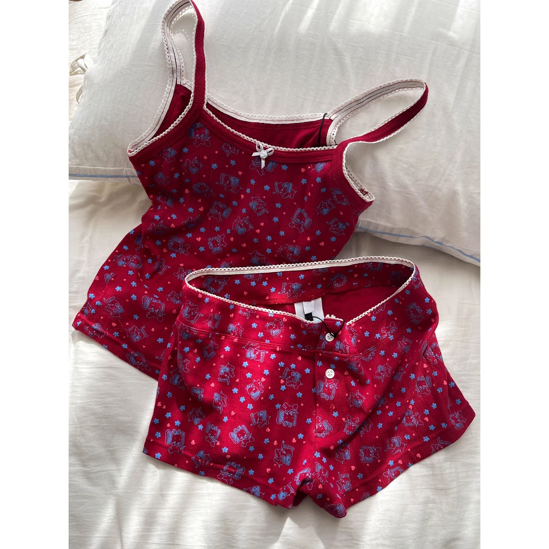 纯欲性感可爱印花吊带短裤睡衣女2025年春季修身居家服套装可外穿